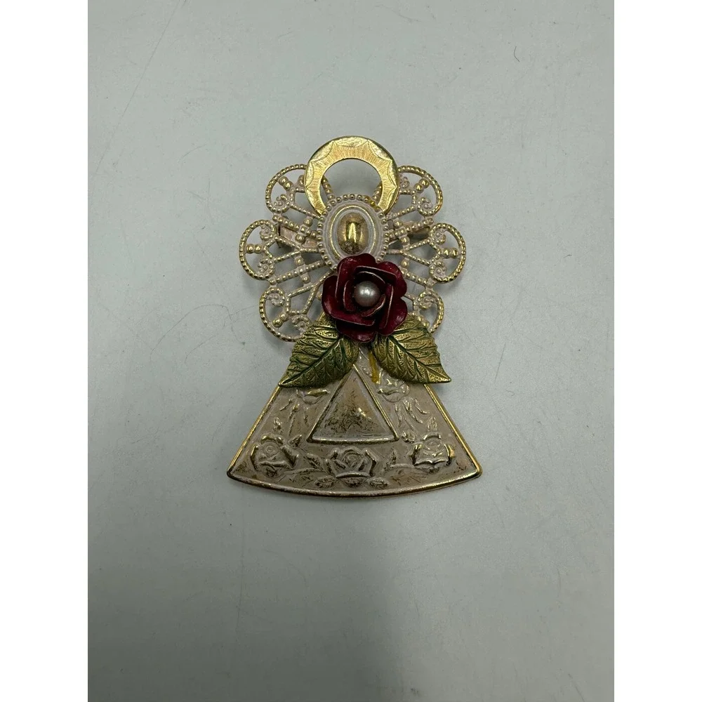 Vintage Angel Brooch Gold Tone Filigree Red Rose Faux Pearl Enamel Pin